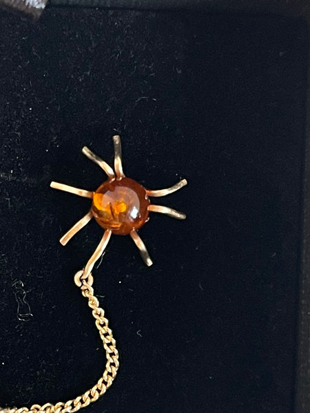 Amber 9ct Gold Vintage Spider and Fly Brooch Vintage