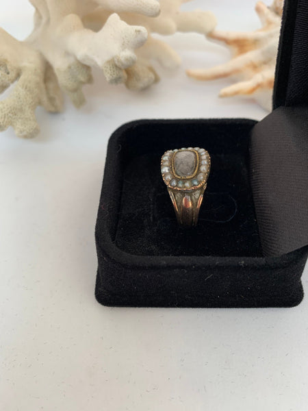 Georgian Mourning Ring 9ct Rose Gold Seed Pearls