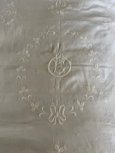 Embroidered Linen Bedspread Antique 1920’s White on White