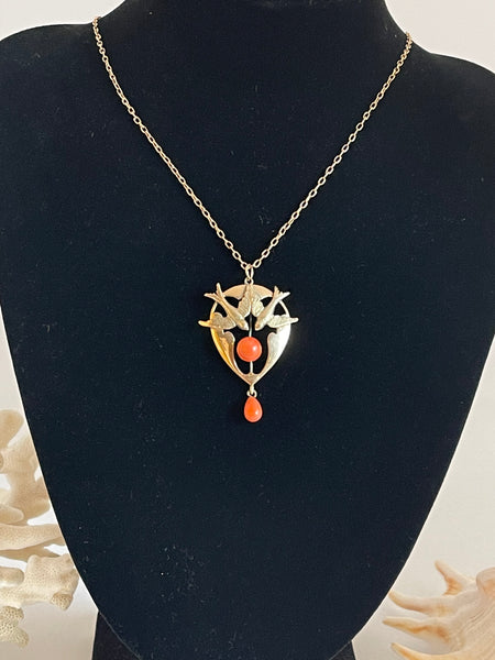 Bluebirds 9ct Gold and Coral 1920’s Pendant