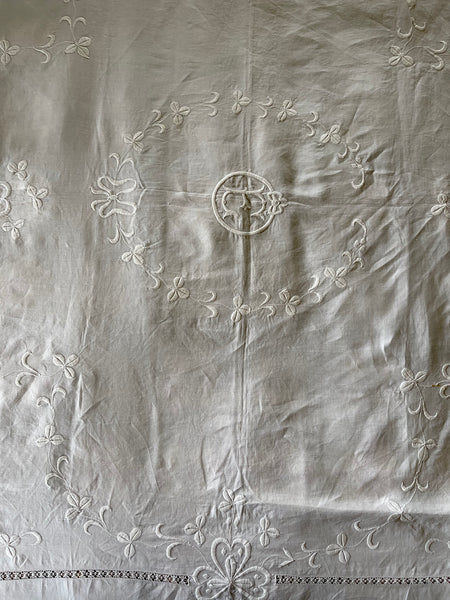 Embroidered Linen Bedspread Antique 1920’s White on White