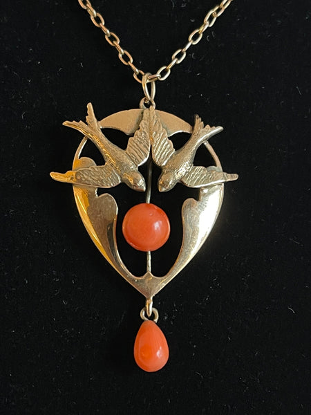 Bluebirds 9ct Gold and Coral 1920’s Pendant