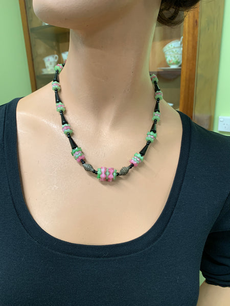 Vintage Green Pink Black Glass Necklace