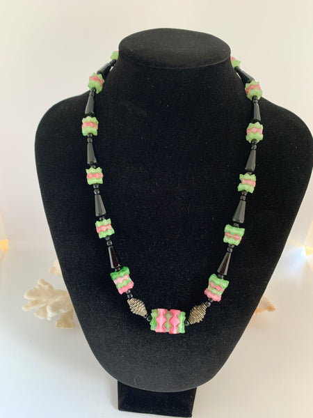 Vintage Green Pink Black Glass Necklace