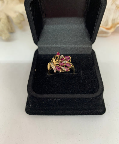 9ct Gold Natural Ruby and Diamond Floral Spray Ring