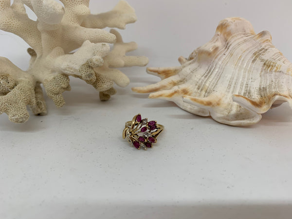 9ct Gold Natural Ruby and Diamond Floral Spray Ring