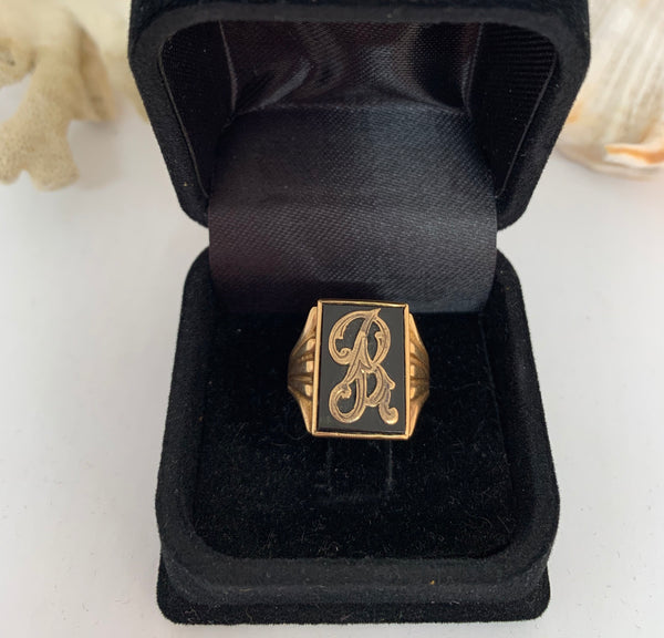 9ct Rose Gold and Onyx signet ring initial R